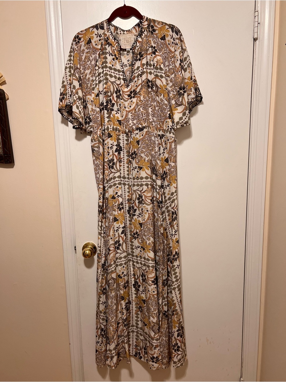 Johnny Was Cream, Mustard & Brown Paisley Maxi Dress